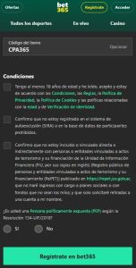 registro con el codigo bet365